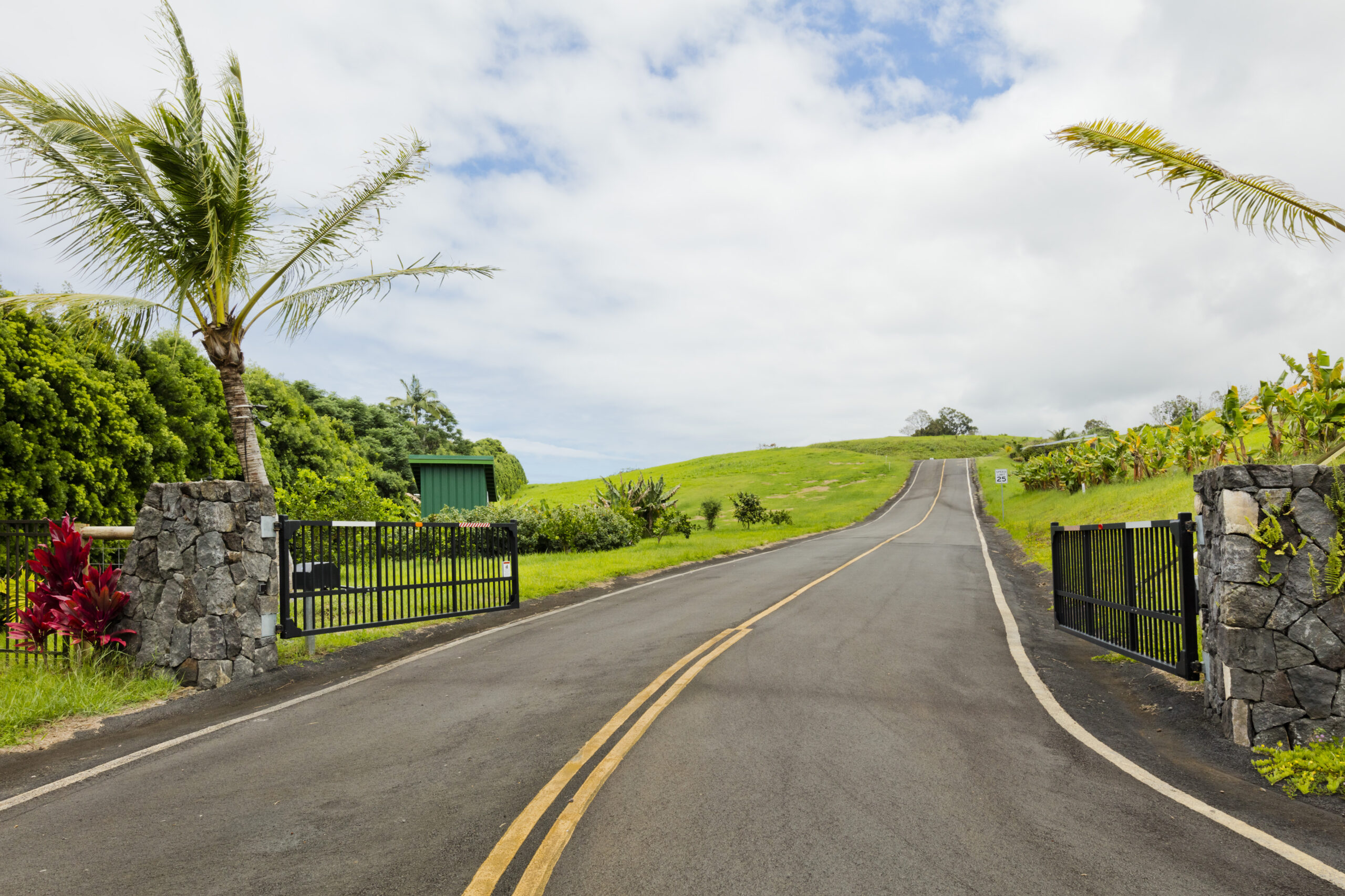 Open gate on rural road with trees and sky.